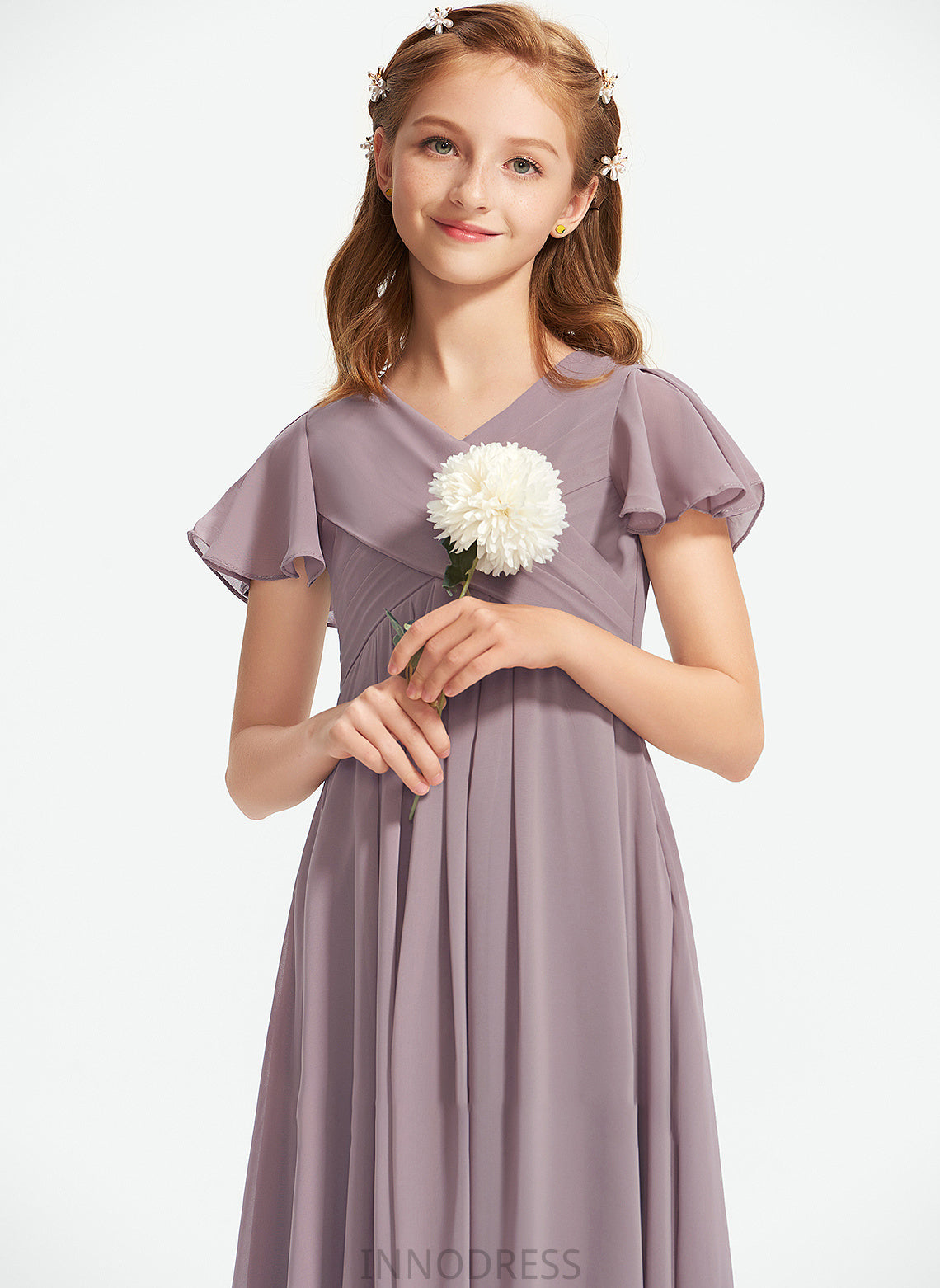 A-Line Floor-Length Chiffon With Bianca Ruffle V-neck Junior Bridesmaid Dresses