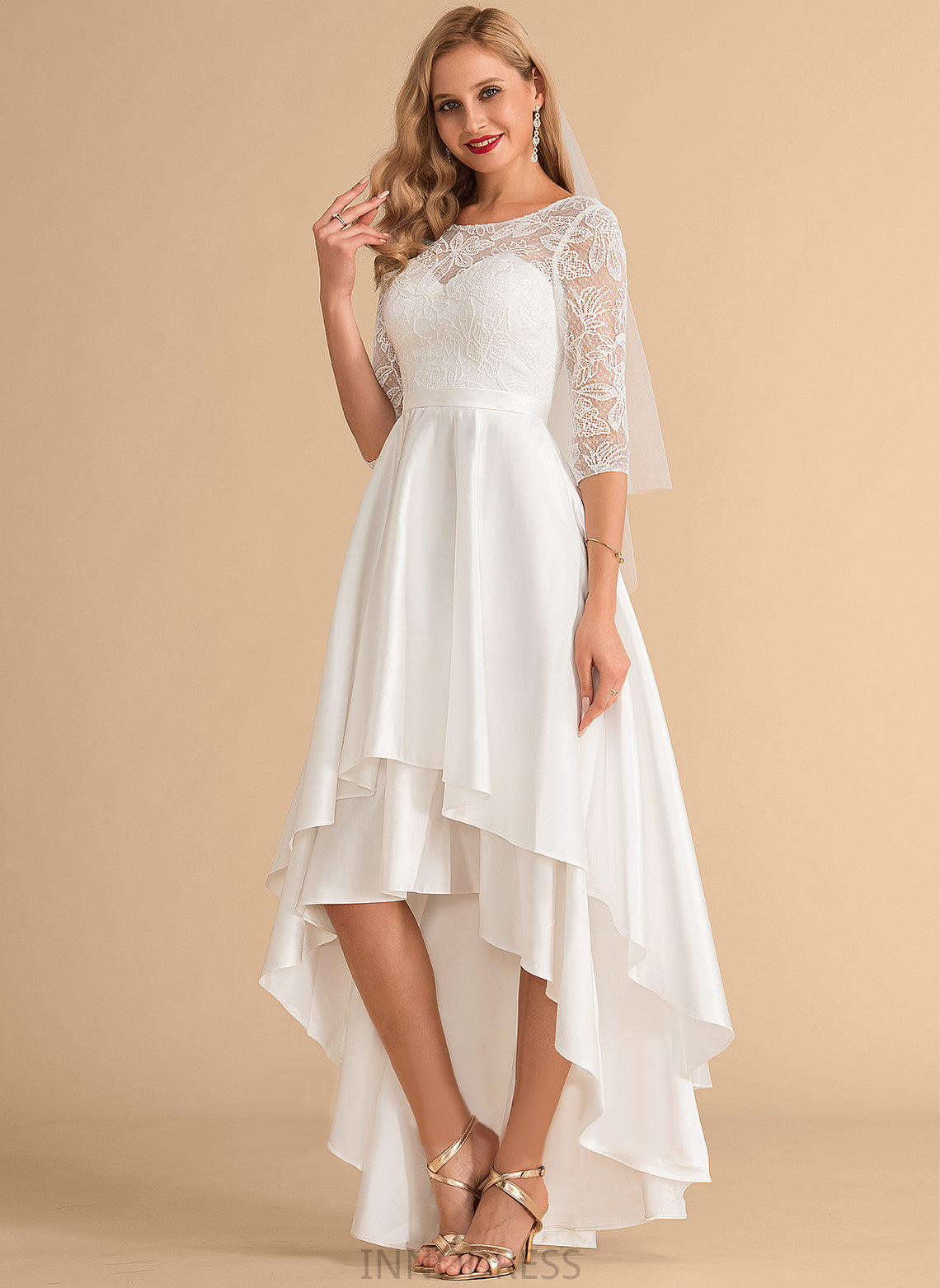 Joanna Wedding Scoop Asymmetrical Dress Satin Lace Wedding Dresses A-Line