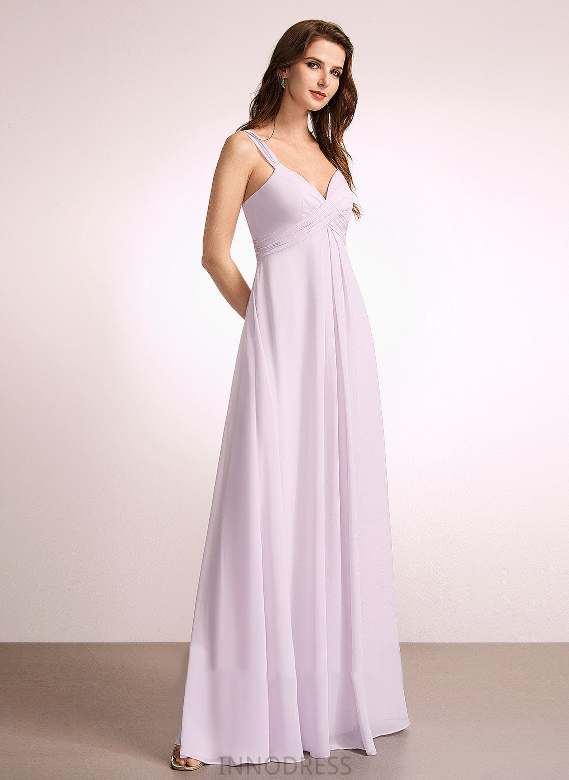 A-Line Embellishment Silhouette Length Fabric Floor-Length Ruffle Neckline V-neck Angelique Natural Waist Sleeveless Bridesmaid Dresses