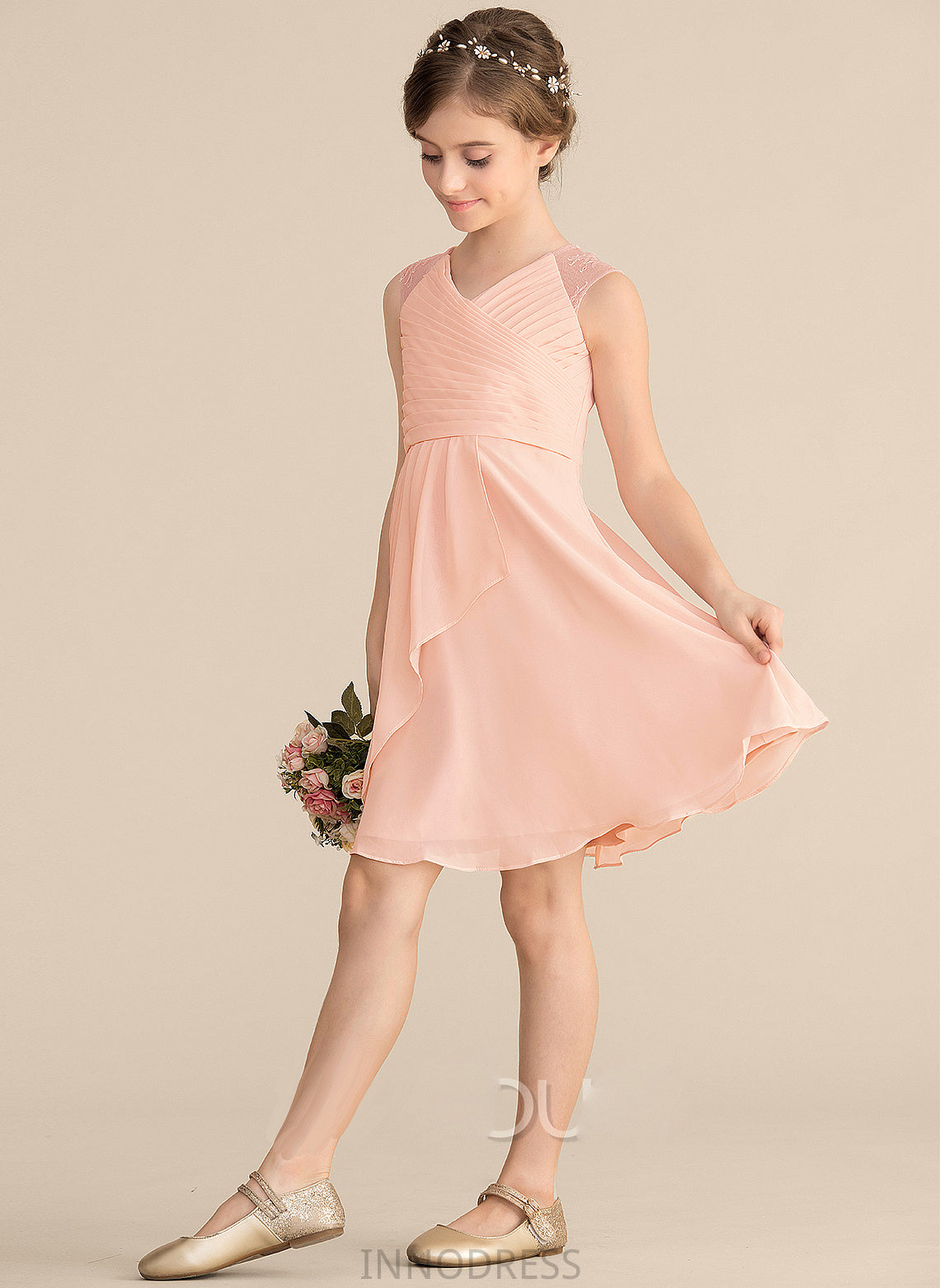 Lace Cascading Ina Chiffon Junior Bridesmaid Dresses A-Line V-neck Ruffles Knee-Length With