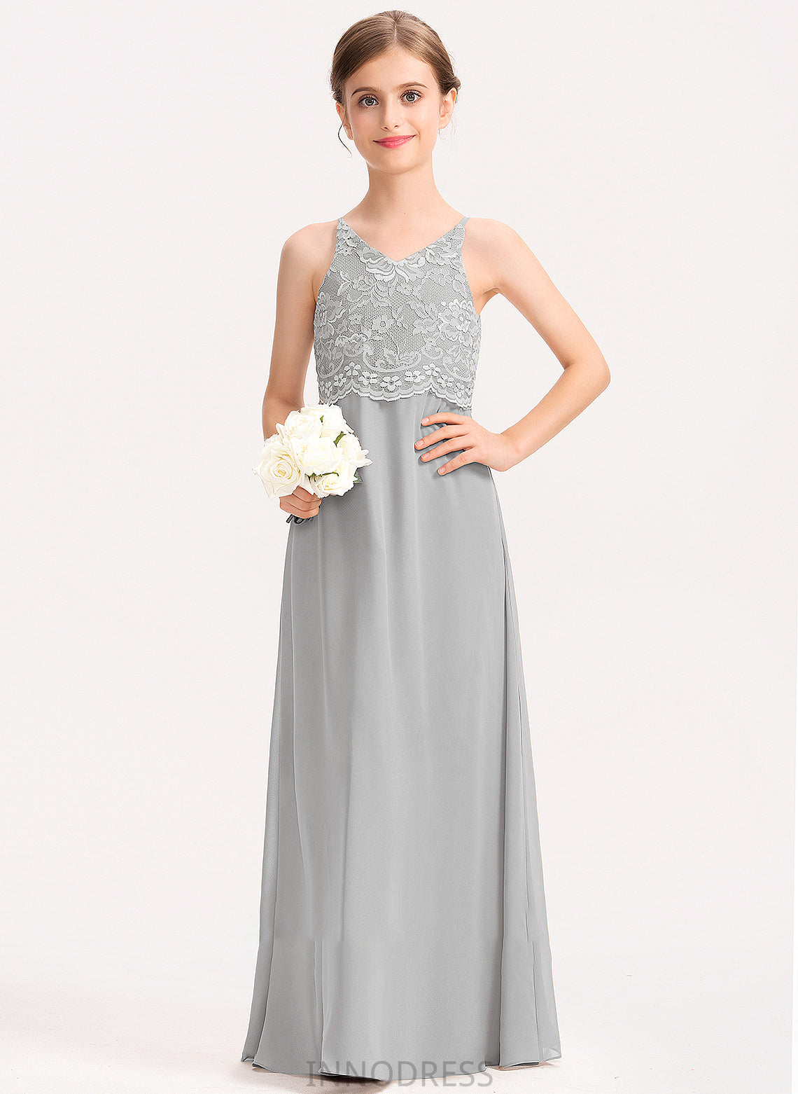 Floor-Length A-Line V-neck Junior Bridesmaid Dresses Lace Chiffon Rebecca