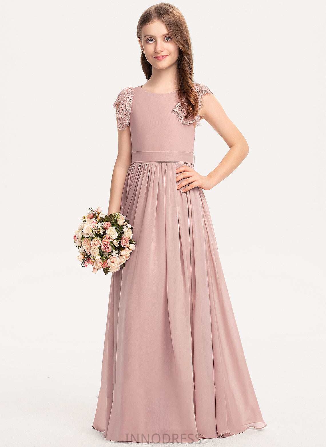 Scoop Junior Bridesmaid Dresses Bow(s) Chiffon A-Line Mareli With Lace Floor-Length Neck