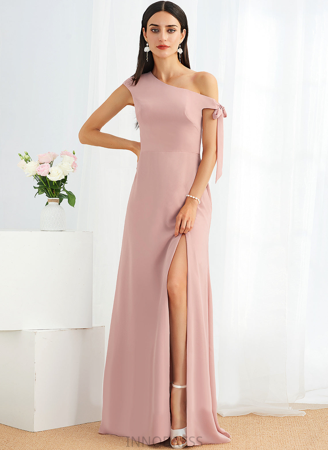 Length A-Line Floor-Length Silhouette Embellishment Bow(s) Neckline One-Shoulder Fabric Addisyn Natural Waist Floor Length Bridesmaid Dresses