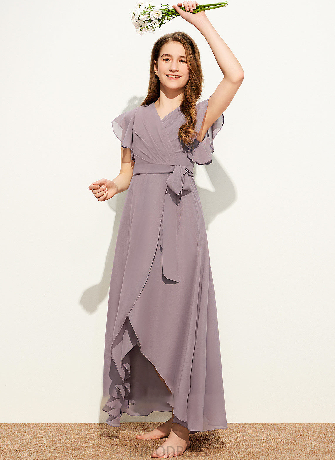 Ruffle With Chiffon Stephanie A-Line Bow(s) Junior Bridesmaid Dresses V-neck Asymmetrical