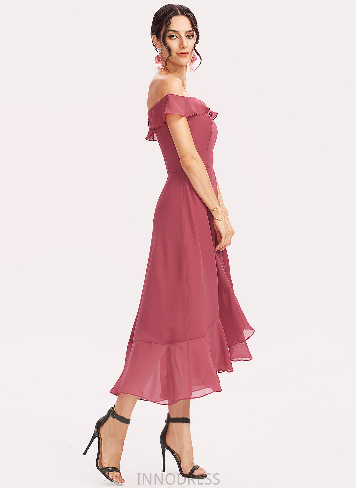 CascadingRuffles Silhouette Neckline Length Off-the-Shoulder Embellishment A-Line Fabric Tea-Length Teagan Sequins Natural Waist Bridesmaid Dresses