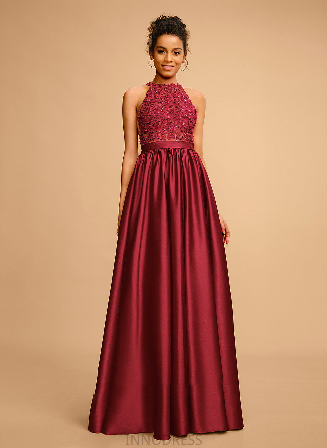 Ball-Gown/Princess Sequins With Halter Satin Floor-Length Nia Prom Dresses