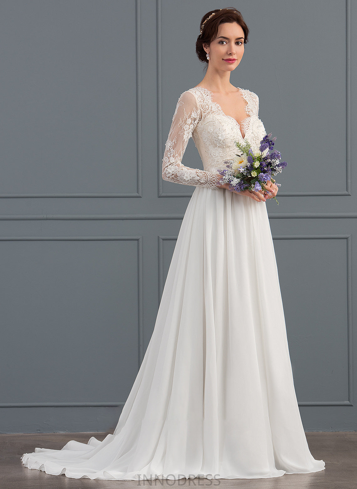 With Wedding Dresses Joslyn Dress V-neck Wedding Sequins Sweep A-Line Chiffon Train Beading