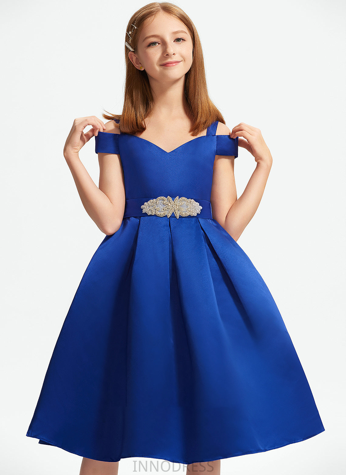 Beading Junior Bridesmaid Dresses With Satin Knee-Length A-Line Briley Bow(s) Off-the-Shoulder