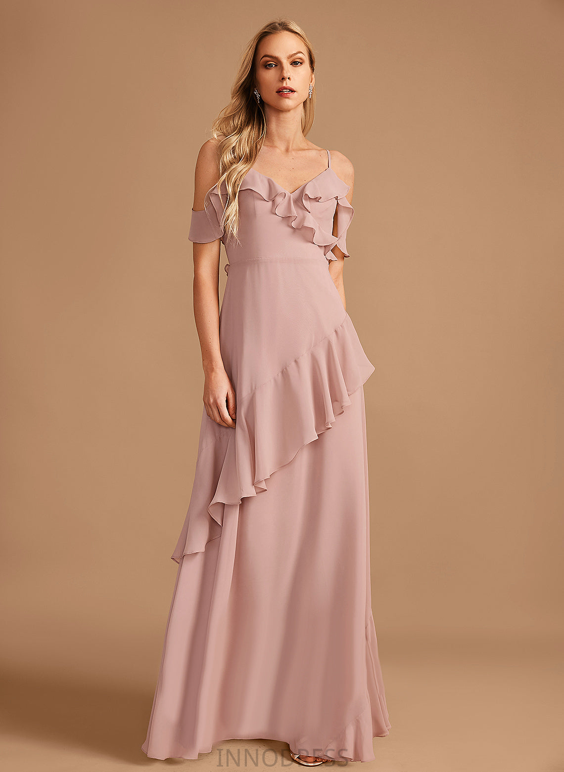 Neckline Fabric V-neck A-Line Floor-Length Silhouette Embellishment Ruffle Length Mercedes V-Neck Sleeveless Bridesmaid Dresses