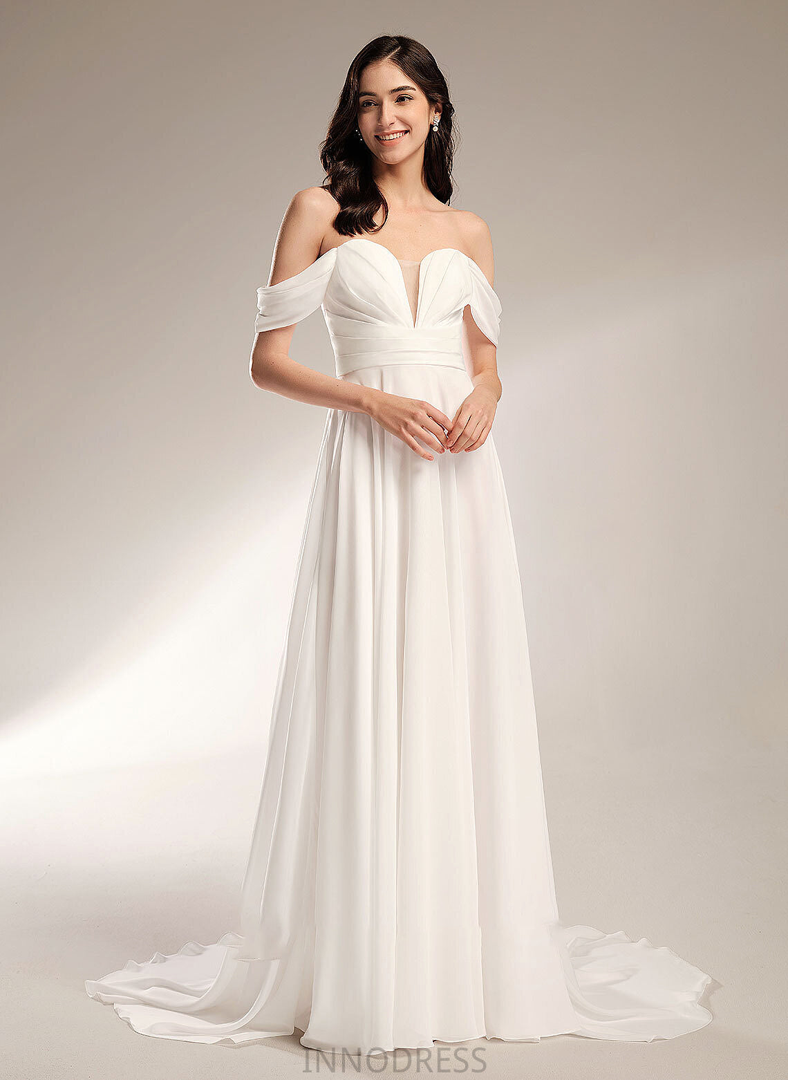 A-Line Wedding Camryn Train Off-the-Shoulder Wedding Dresses Pleated Court Dress With