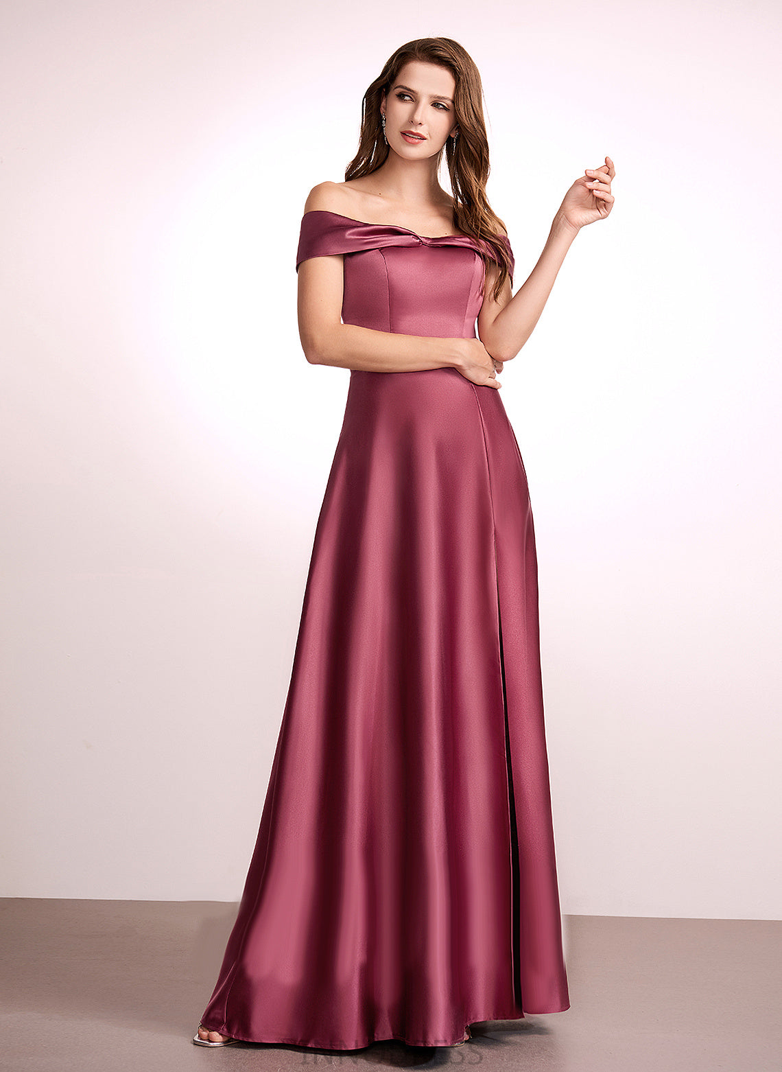 Floor-Length Length Off-the-Shoulder Silhouette SplitFront Fabric A-Line Neckline Embellishment Lina Taffeta Floor Length Bridesmaid Dresses