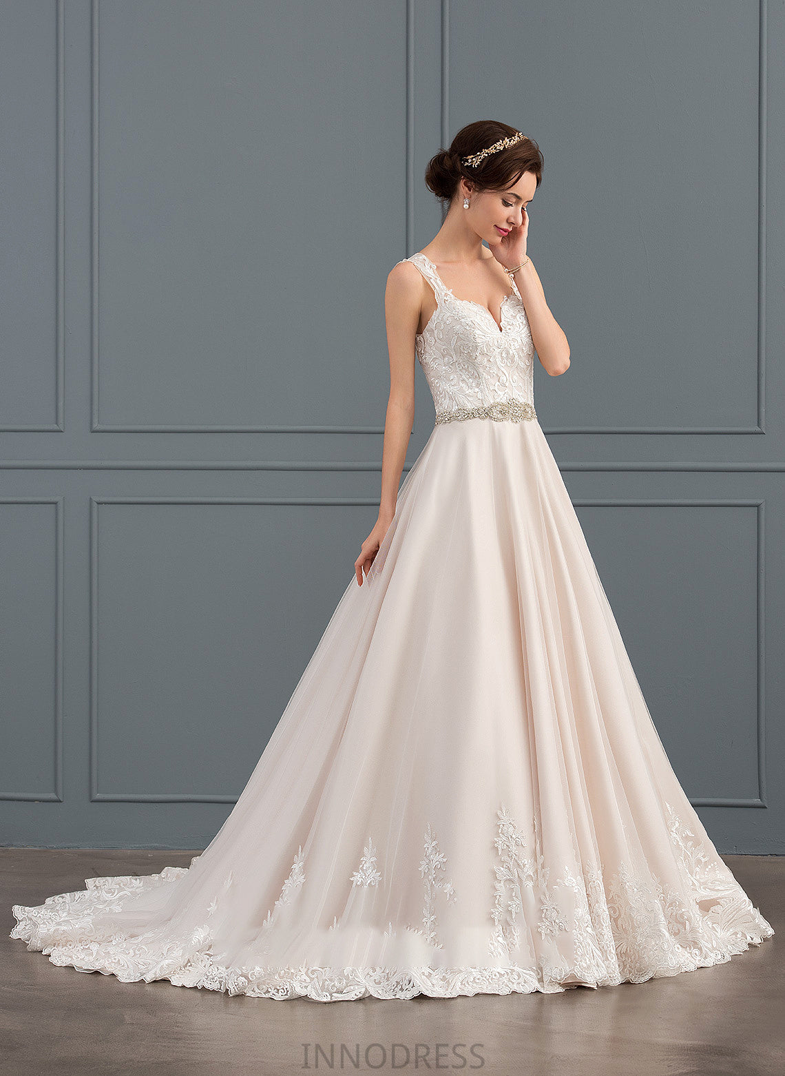 Ball-Gown/Princess Tulle Court Cali Dress Sweetheart Wedding Dresses Lace Wedding With Beading Train