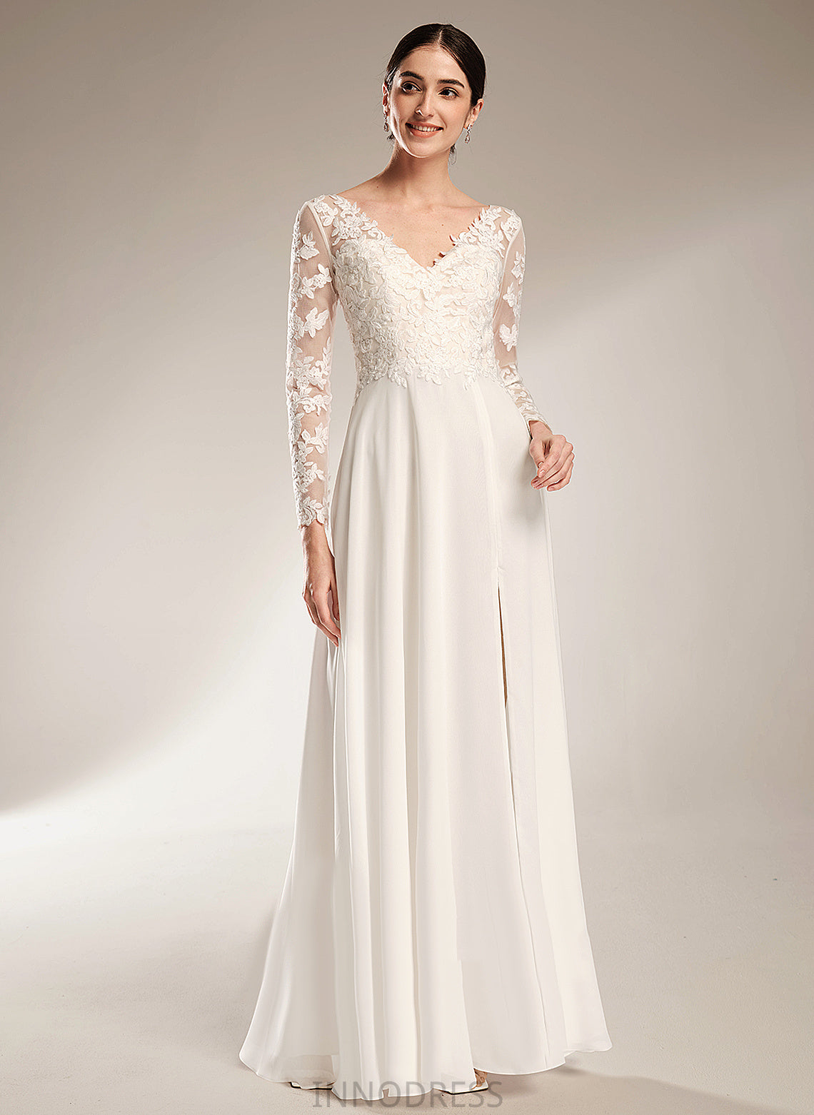 Wedding Dress Marian Chiffon Wedding Dresses V-neck Split Front Floor-Length With A-Line Lace