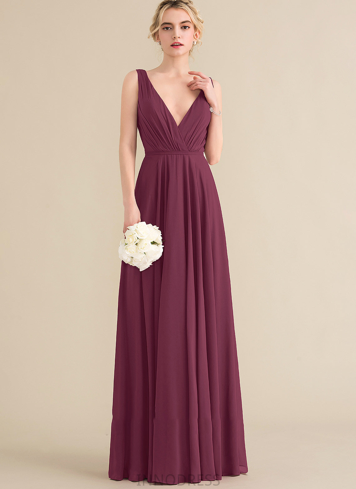 With Chiffon A-Line Prom Dresses Floor-Length V-neck Ruffle Alannah