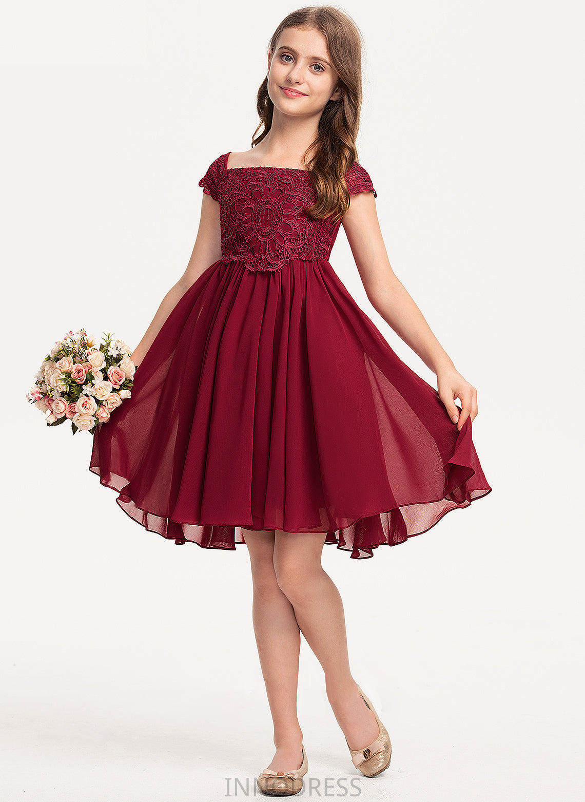 With Off-the-Shoulder Junior Bridesmaid Dresses Madalyn A-Line Chiffon Bow(s) Knee-Length Lace