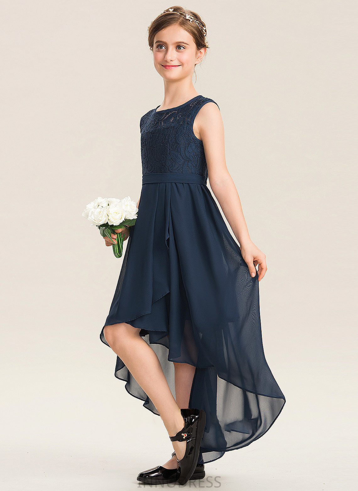 Cascading Lace Junior Bridesmaid Dresses Asymmetrical Bow(s) Chiffon Noelle With A-Line Neck Scoop Ruffles