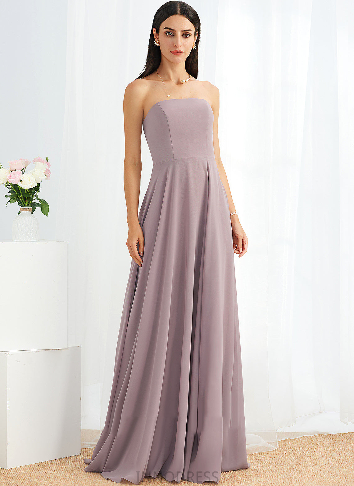 Fabric Length Silhouette A-Line Strapless Floor-Length Neckline SplitFront Embellishment Tara A-Line/Princess Scoop Bridesmaid Dresses