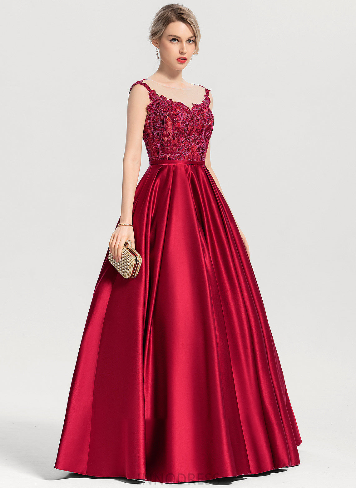 Floor-Length Diamond Sequins Ball-Gown/Princess Scoop With Neck Satin Prom Dresses