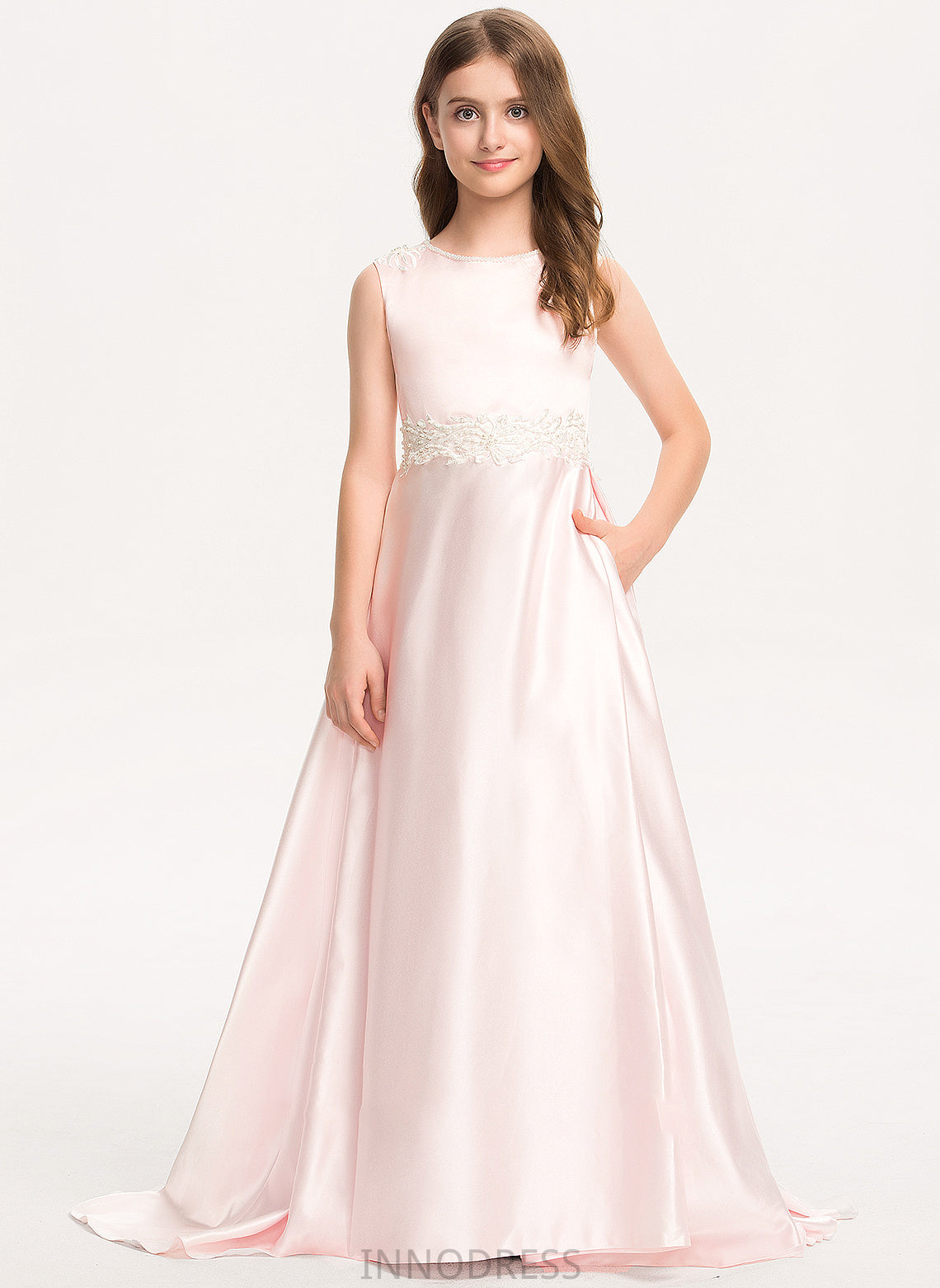 Bow(s) Satin With Lace Sweep A-Line Train Scoop Pockets Neck Carolina Junior Bridesmaid Dresses