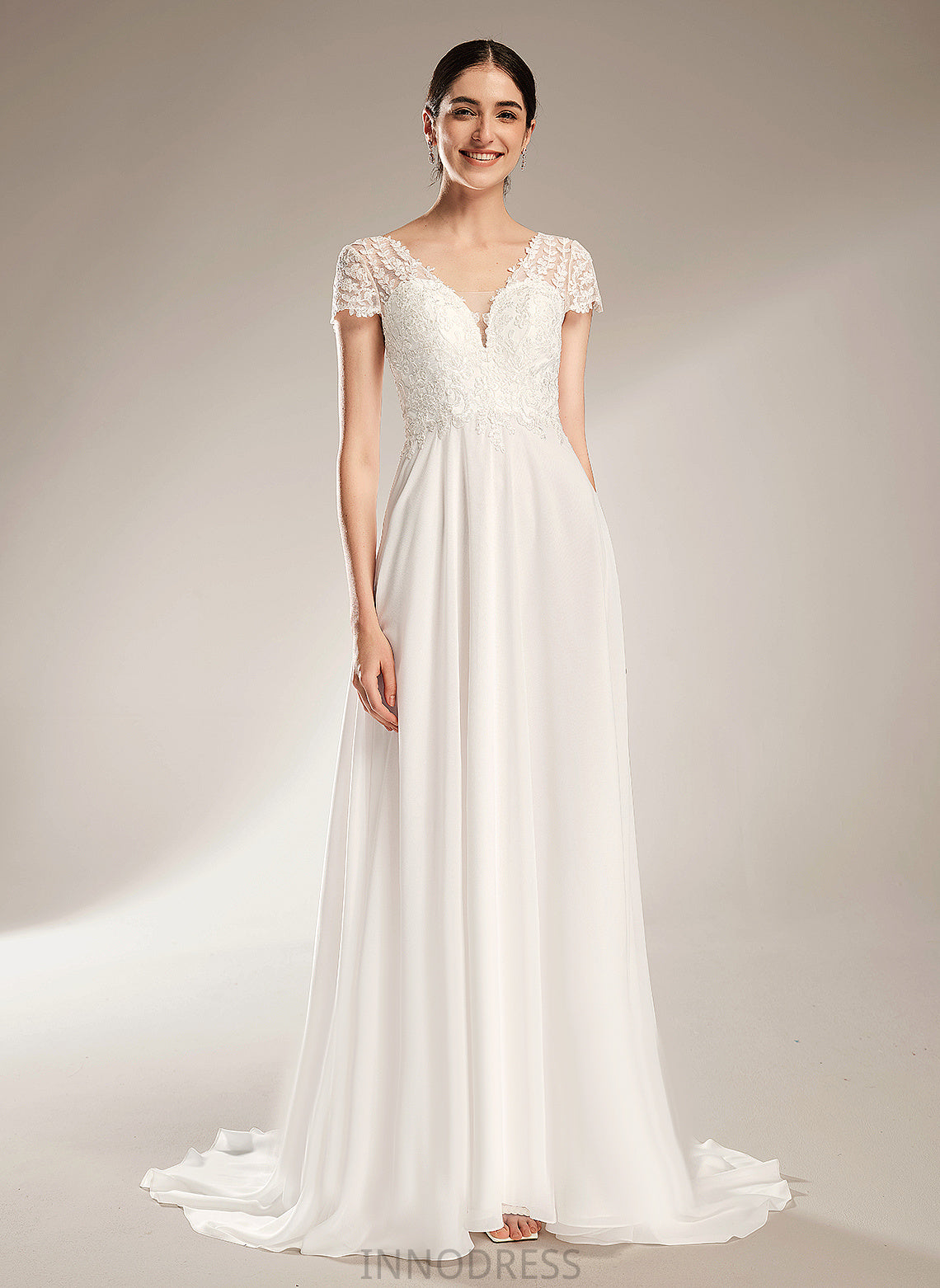 Wedding Lace A-Line With Bow(s) Cloe Court Wedding Dresses Train Chiffon Dress V-neck