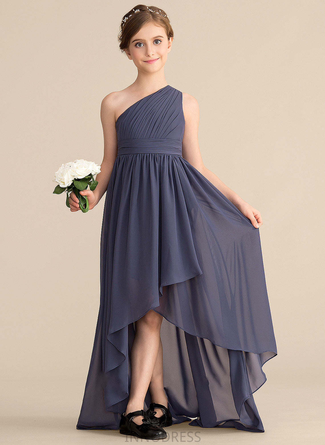 Junior Bridesmaid Dresses One-Shoulder Asymmetrical A-Line Sasha Chiffon Ruffle With