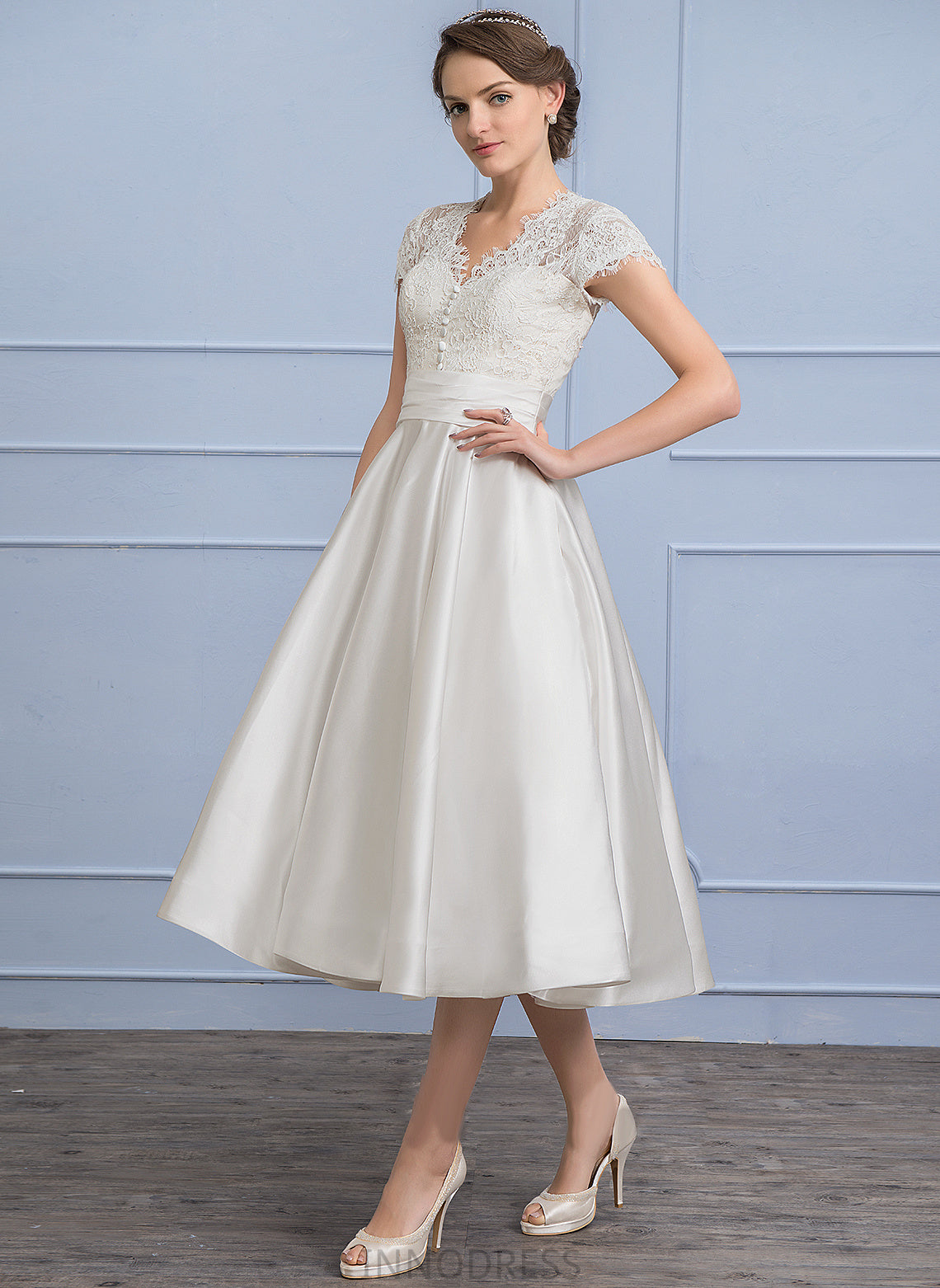 Tea-Length Lace Satin A-Line Ruffle Wedding V-neck Dress Scarlett Pockets Wedding Dresses With