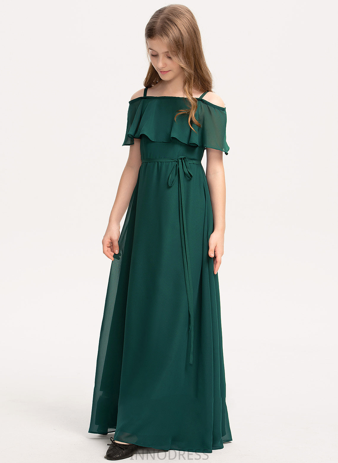 Junior Bridesmaid Dresses Natasha Bow(s) A-Line With Floor-Length Chiffon Off-the-Shoulder