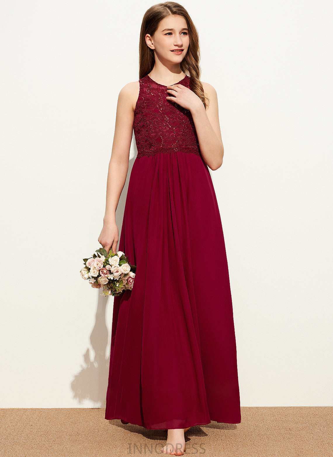 With Neck A-Line Junior Bridesmaid Dresses Chiffon Sophie Scoop Floor-Length Sequins Lace