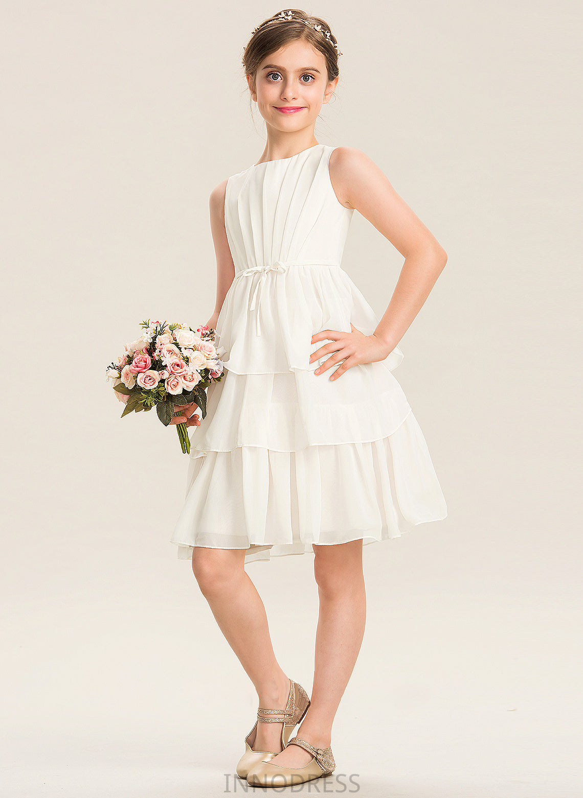 Scoop Ruffles Bow(s) With Chiffon Neck Perla A-Line Junior Bridesmaid Dresses Cascading Knee-Length