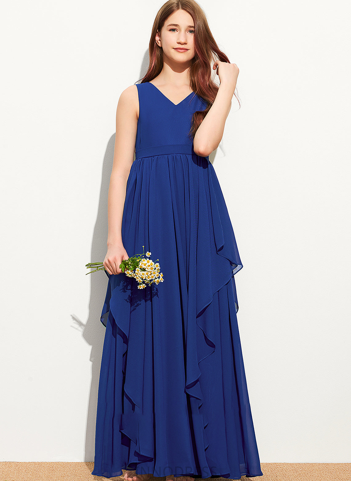 A-Line Junior Bridesmaid Dresses Ruffles Floor-Length V-neck Cascading With Chiffon Sydnee