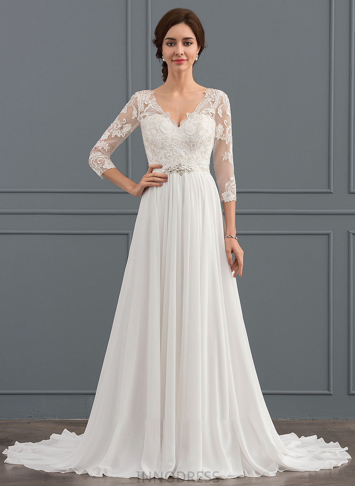 Sequins Logan Sweep With Beading Lace Chiffon Train Wedding A-Line Dress V-neck Wedding Dresses