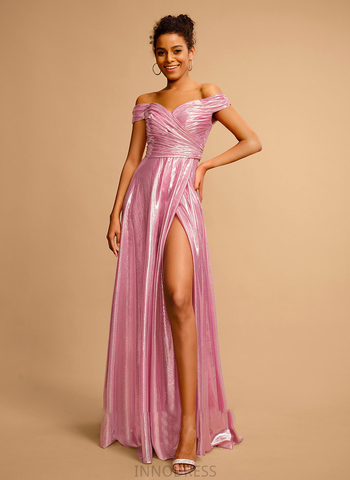 A-Line Sequins Pleated Off-the-Shoulder Satin Prom Dresses Floor-Length Madison With