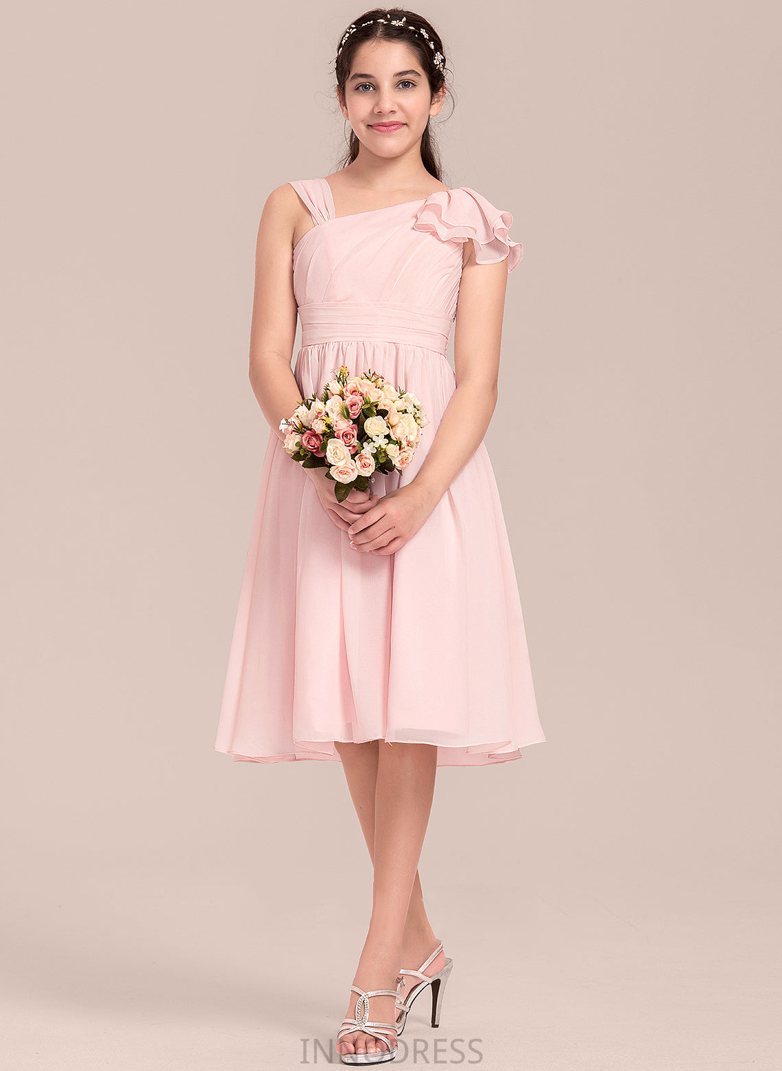 Ruffles Junior Bridesmaid Dresses Chiffon Cascading With V-neck Knee-Length Nathaly A-Line