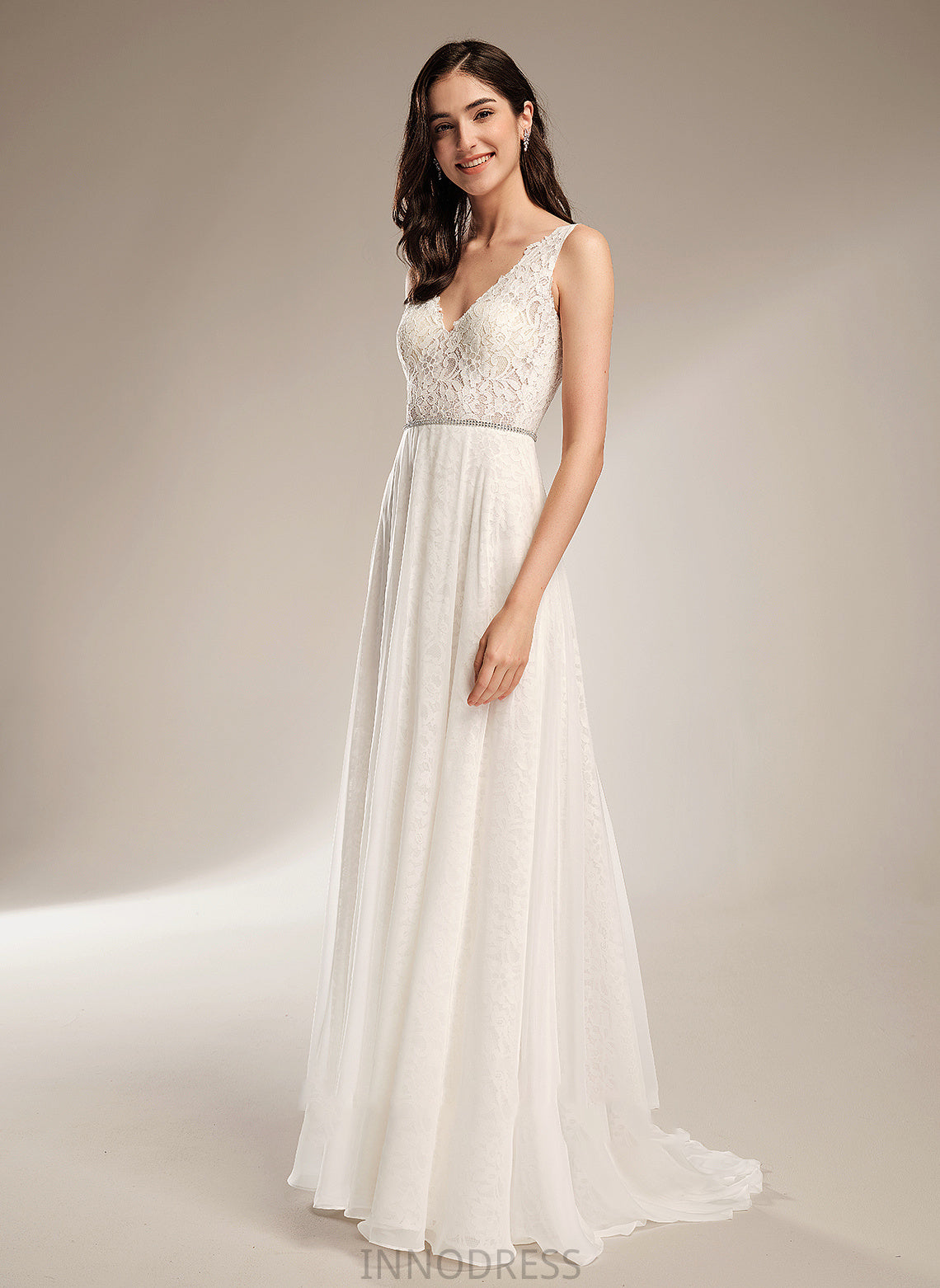 With Sweep Wedding Dresses Train Wedding Kamora V-neck Dress A-Line Beading