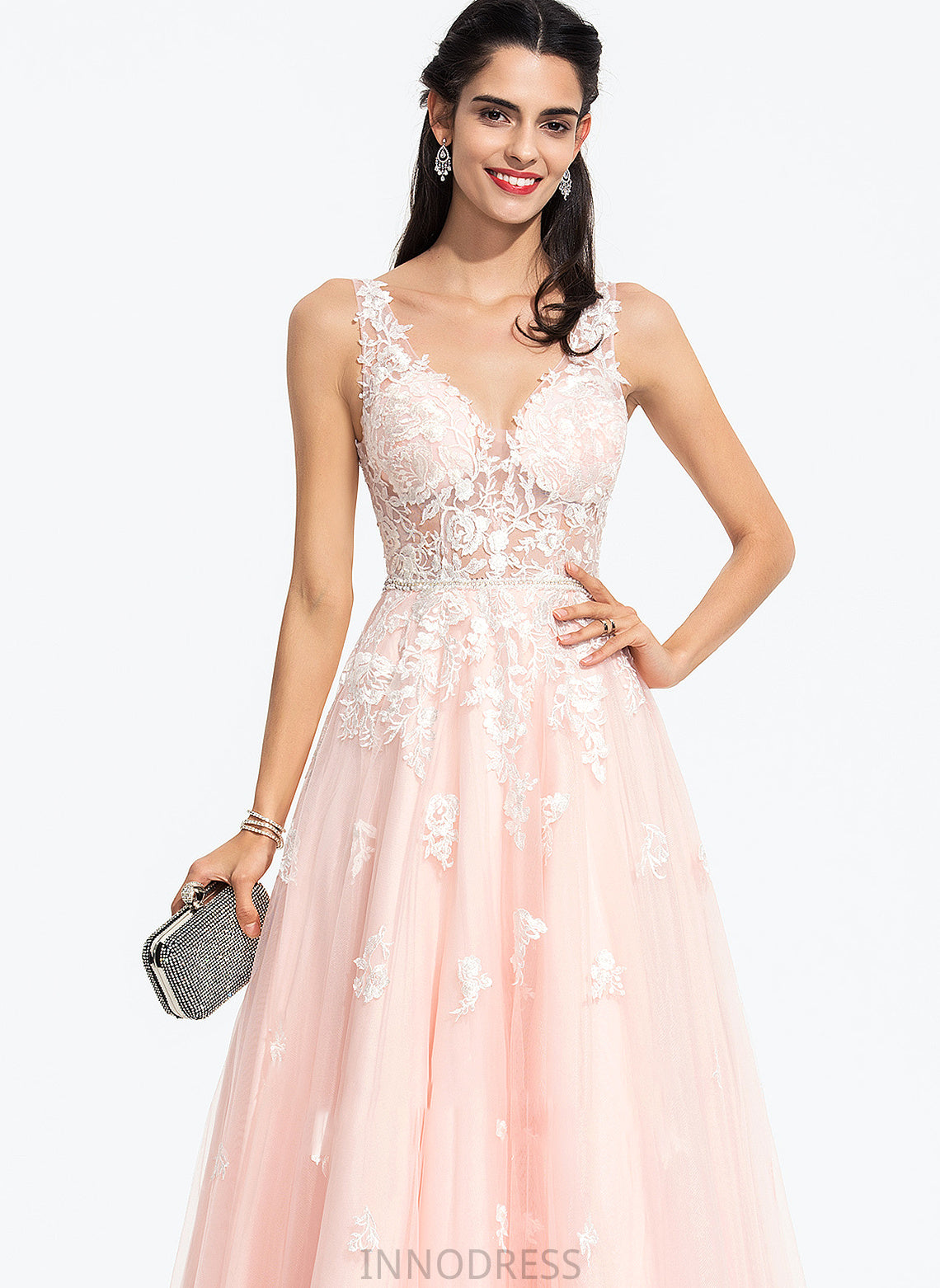 V-neck Prom Dresses Floor-Length Tulle With Beading Marlie Sequins Ball-Gown/Princess