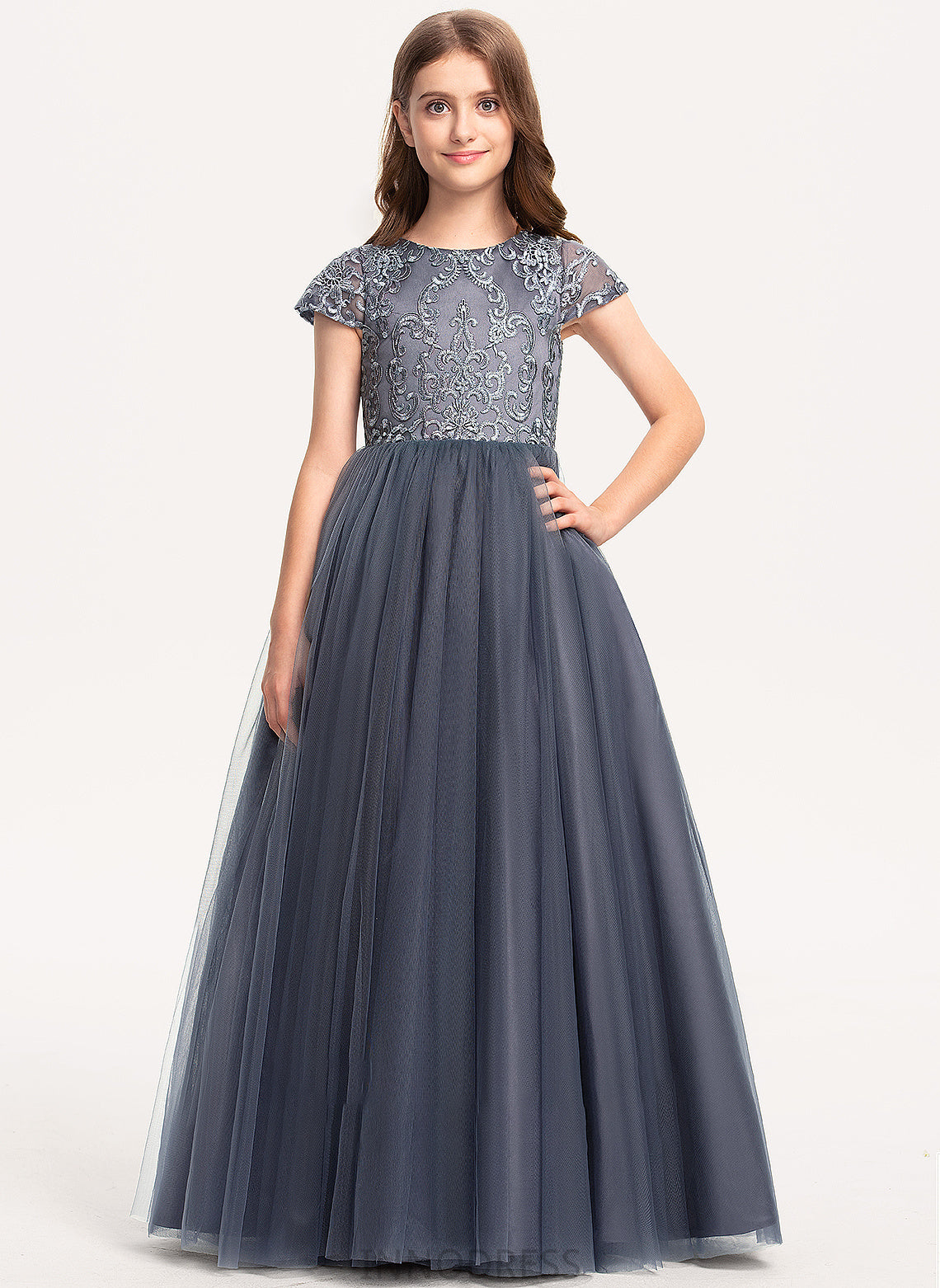 Perla Ball-Gown/Princess Junior Bridesmaid Dresses Neck Lace Scoop Tulle Floor-Length