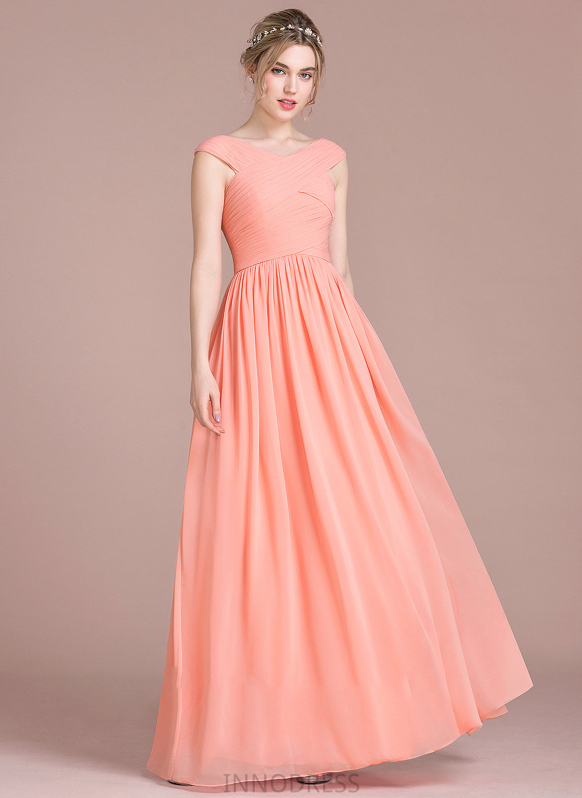 V-neck Chiffon Prom Dresses With Ruffle Ball-Gown/Princess Ryan Floor-Length