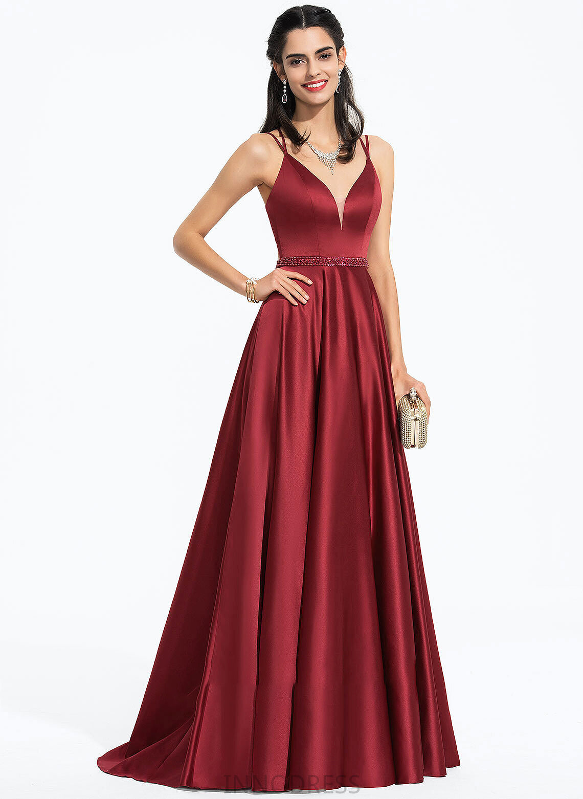 Front With Satin Prom Dresses Sequins Sweep Train Destinee A-Line V-neck Beading Split