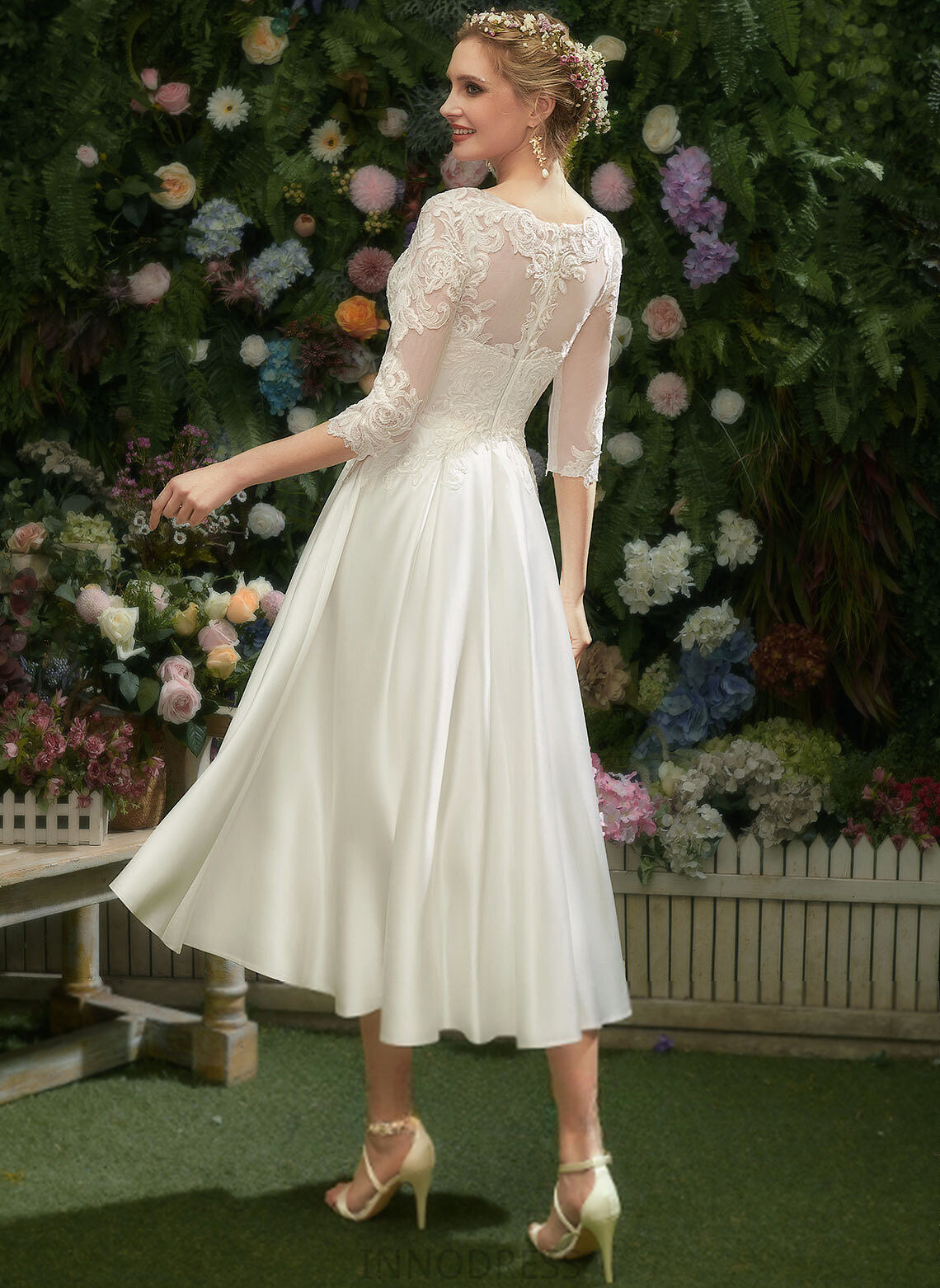 Sylvia Illusion Wedding Satin Wedding Dresses Tea-Length A-Line Lace Dress