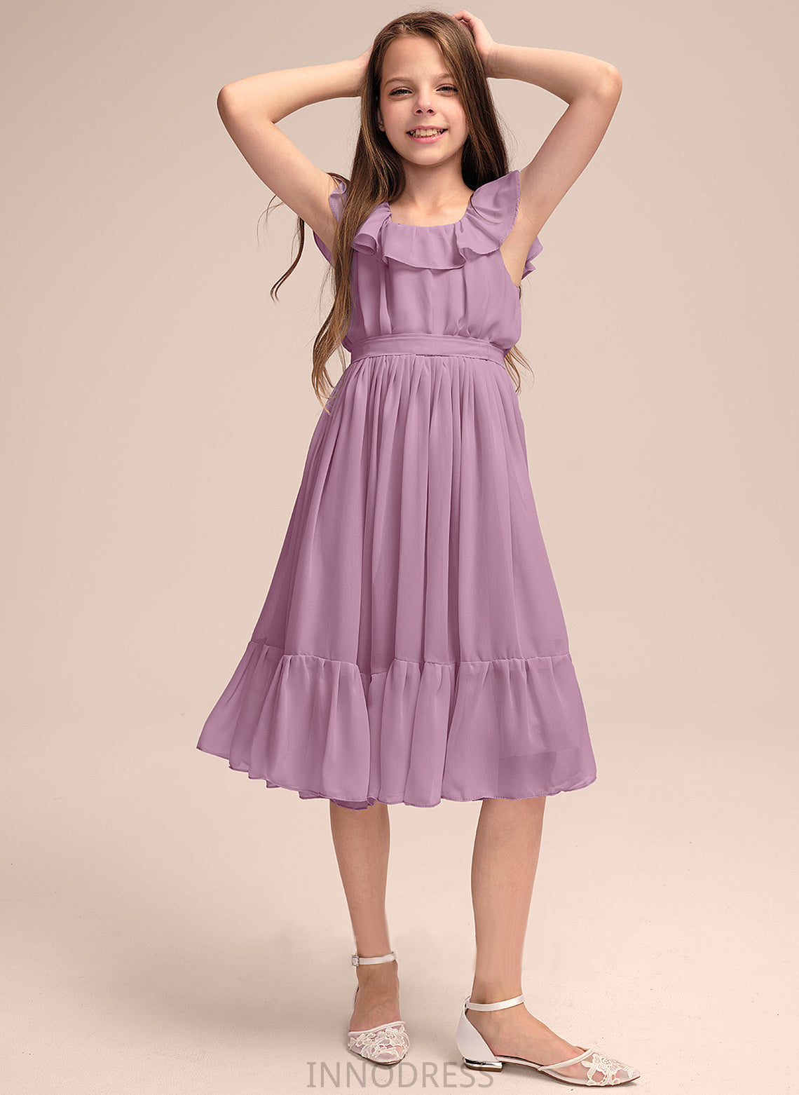 Bow(s) A-Line Ruffles Chiffon Cascading Knee-Length Xiomara Scoop Neck With Junior Bridesmaid Dresses