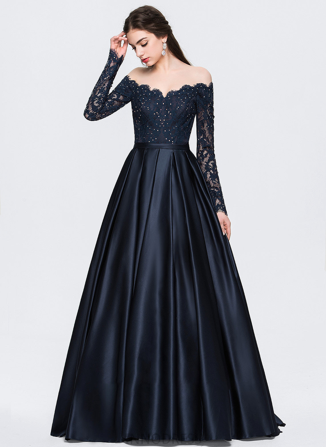 Train Sweep Beading Prom Dresses Ball-Gown/Princess Off-the-Shoulder Kyleigh With Satin