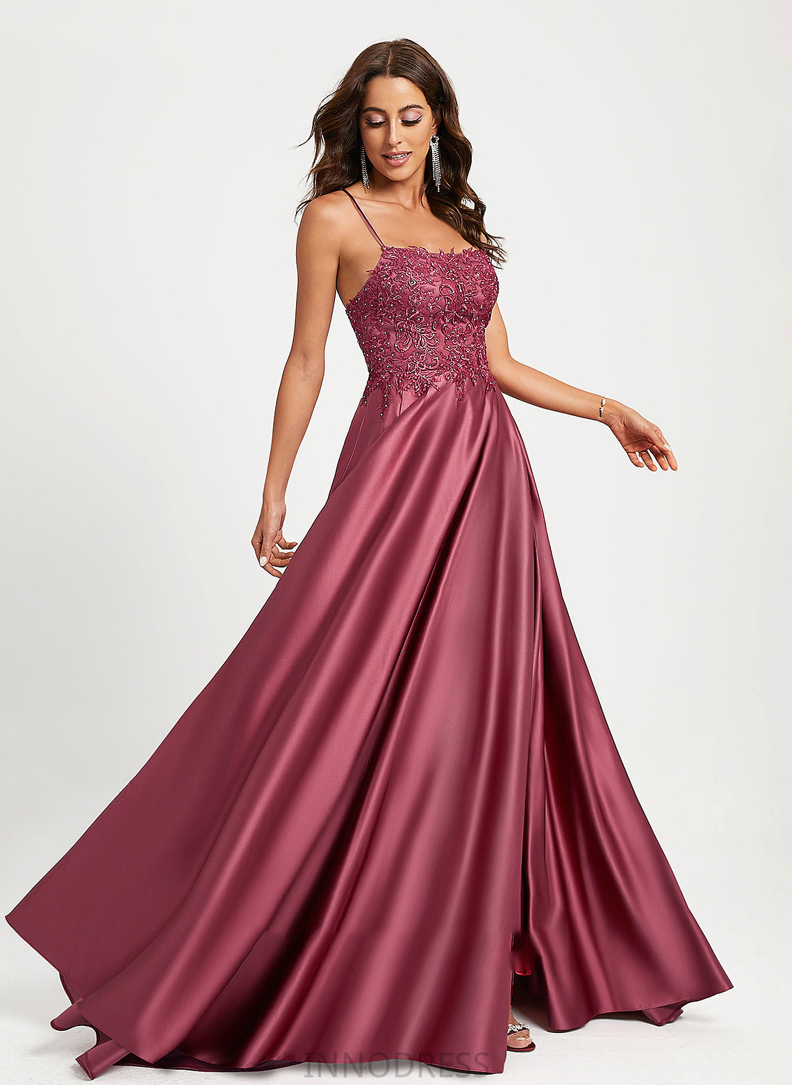 With Square Train A-Line Sweep Sequins Satin Neckline Beading Laney Prom Dresses