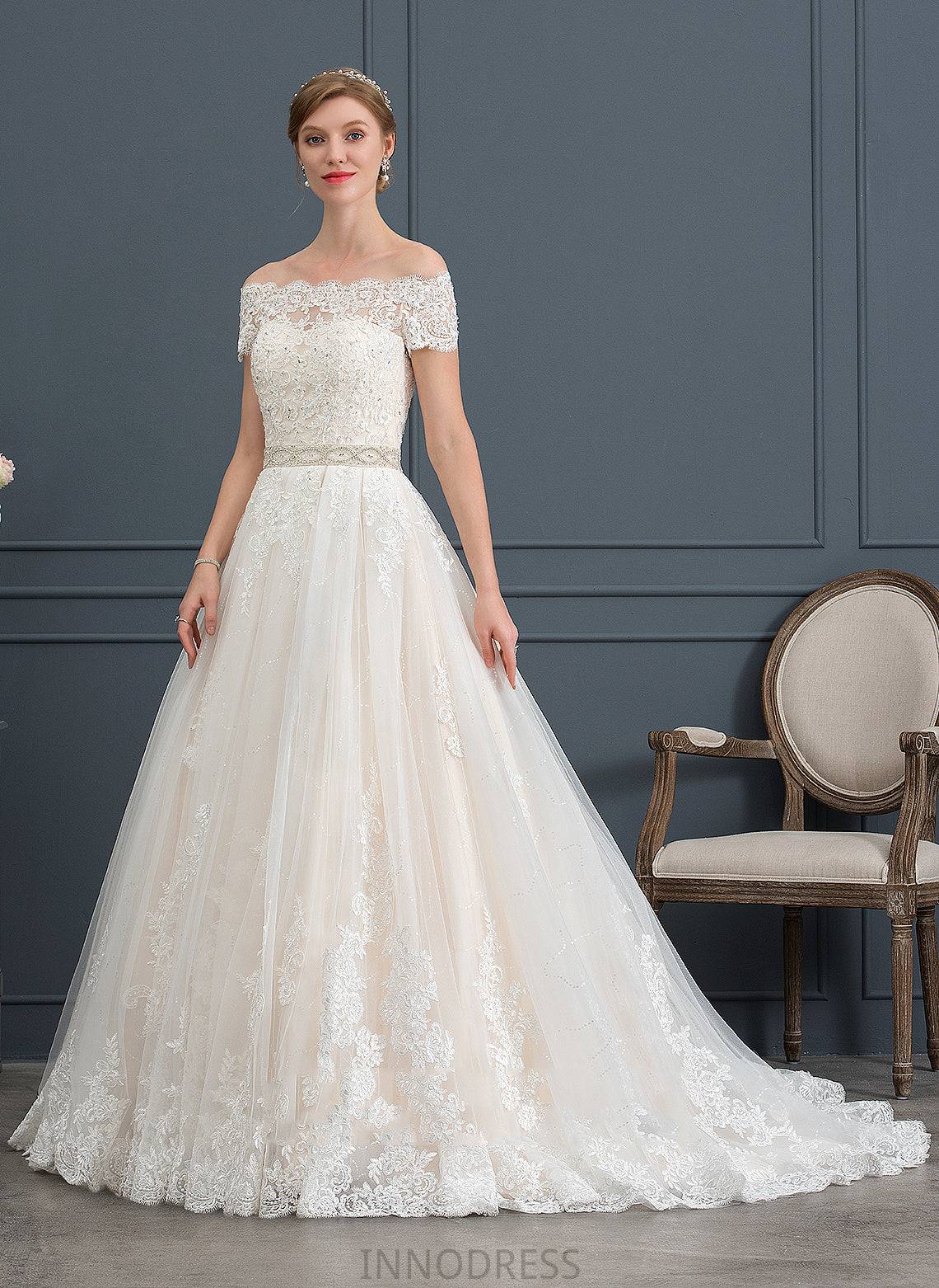 Sequins Court Lace Train Off-the-Shoulder Wedding Destinee Ball-Gown/Princess With Wedding Dresses Beading Tulle Dress