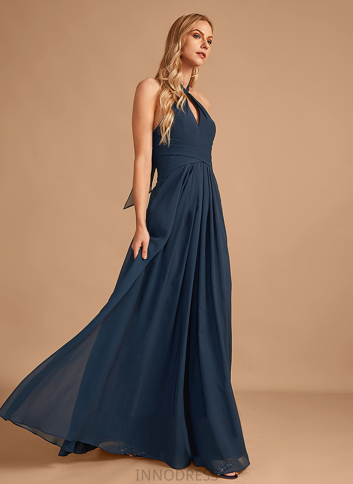 Silhouette Embellishment A-Line Floor-Length Neckline Ruffle Fabric Halter Length Marlie A-Line/Princess Natural Waist Bridesmaid Dresses