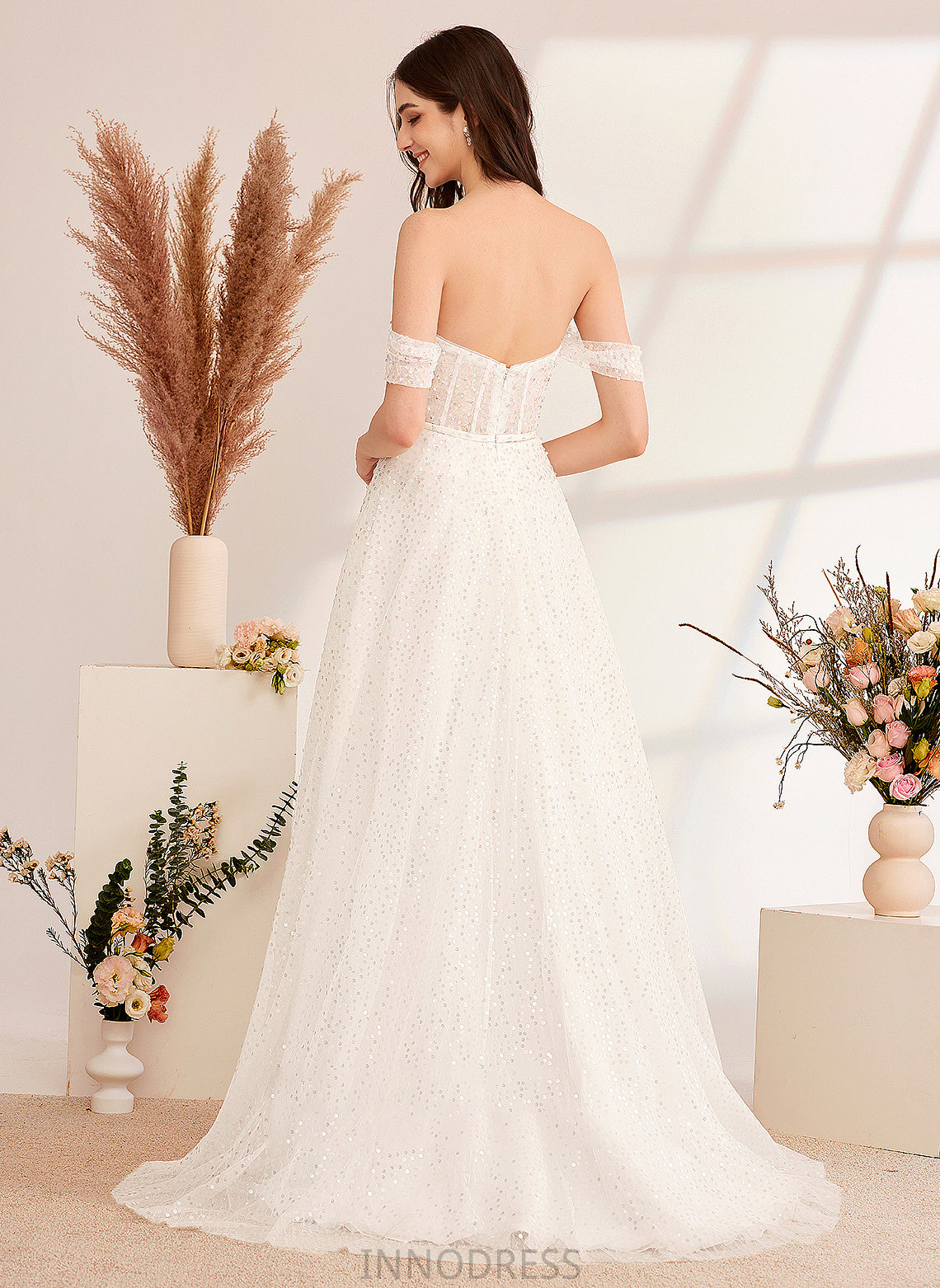 Clara A-Line Sequins Wedding Dresses Wedding Off-the-Shoulder Sweep Train With Dress