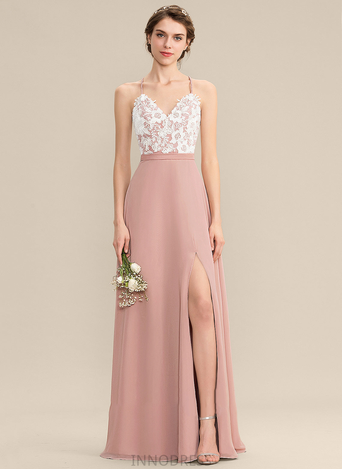 Split Sage Chiffon Prom Dresses A-Line V-neck Floor-Length With Front Lace