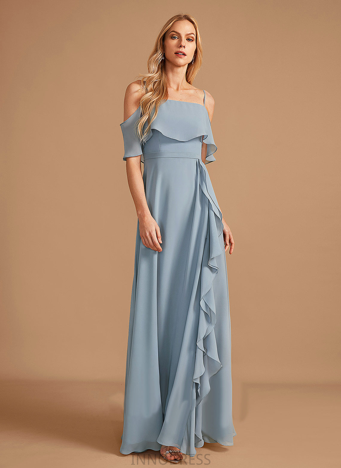 SplitFront Embellishment Length Neckline Ruffle Fabric Off-the-Shoulder A-Line Floor-Length Silhouette Emery Sleeveless Bridesmaid Dresses