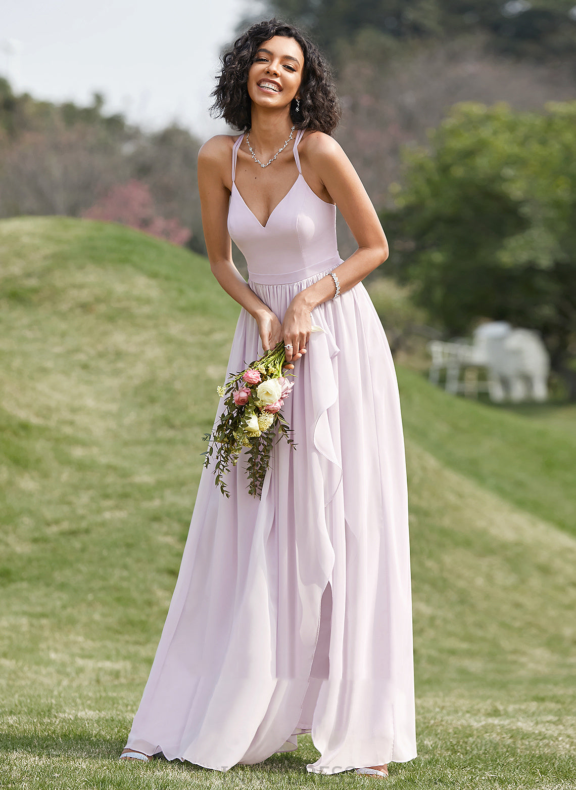 Embellishment Silhouette Fabric SplitFront Length Ruffle A-Line V-neck Neckline Asymmetrical Janae Sleeveless Bridesmaid Dresses