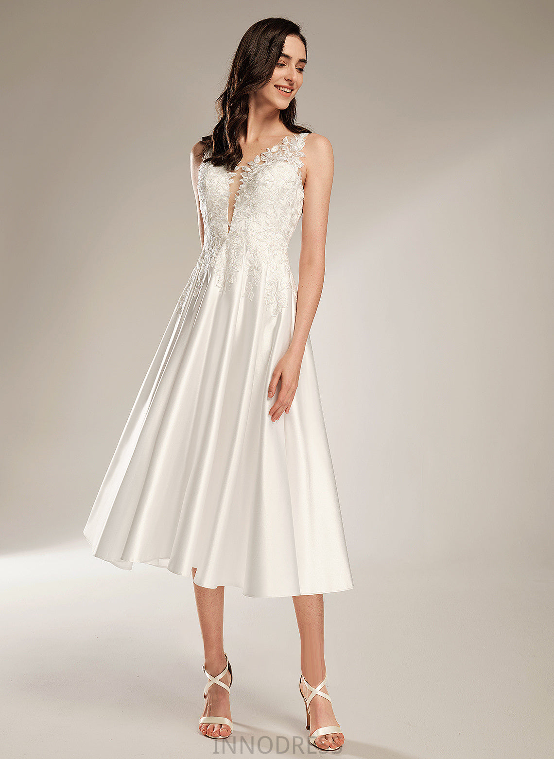 With V-neck Tea-Length Angeline Wedding Dresses Wedding A-Line Dress Pockets