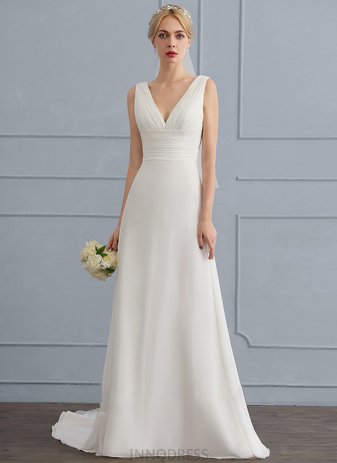 A-Line With Sweep V-neck Chiffon Train Wedding Dress Ruffle Dixie Wedding Dresses